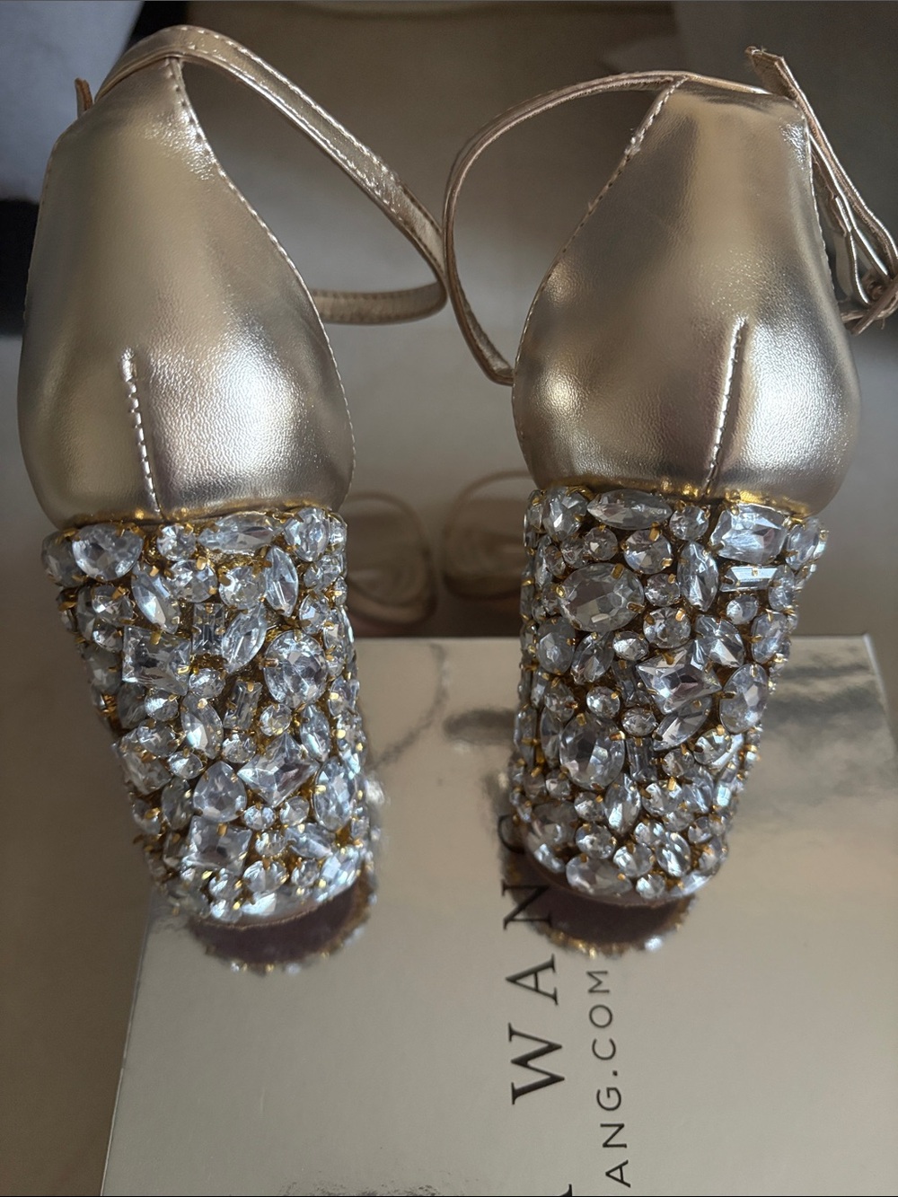 Azalea Wang Metallic Gold Crystal Block Heel Sandals - Picture 5 of 5